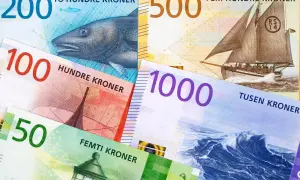 Norweskie banknoty o nominałach 50, 100, 200, 500 i 1000 koron.